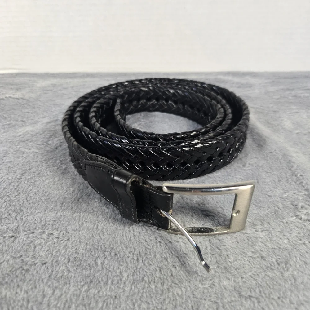 PCH Mens Braided Woven Belt Black Leather Tab Silver Buckle 48/120 17BK0402